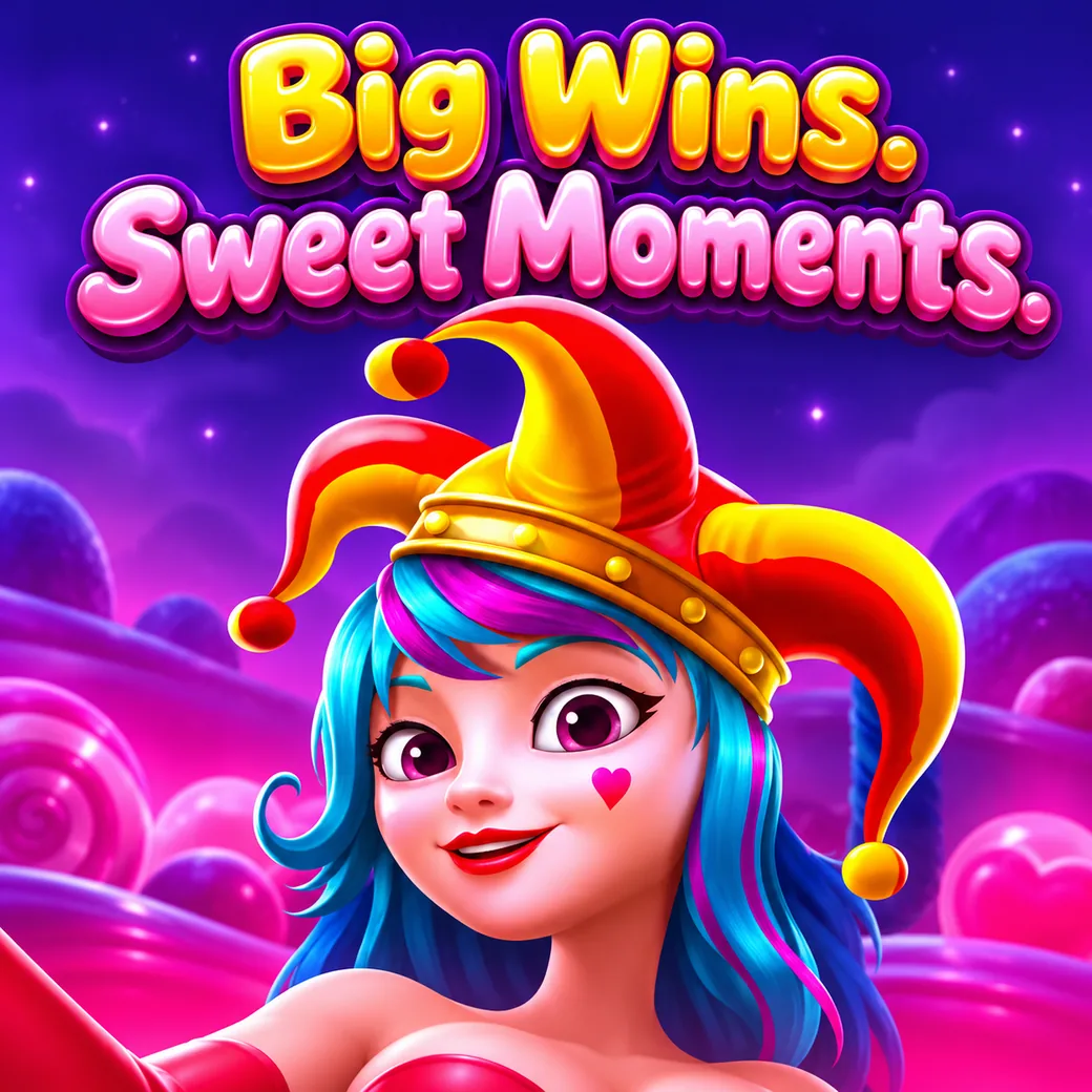 A jester with candy-coloured hair under the headline Big Wins. Sweet Moments.